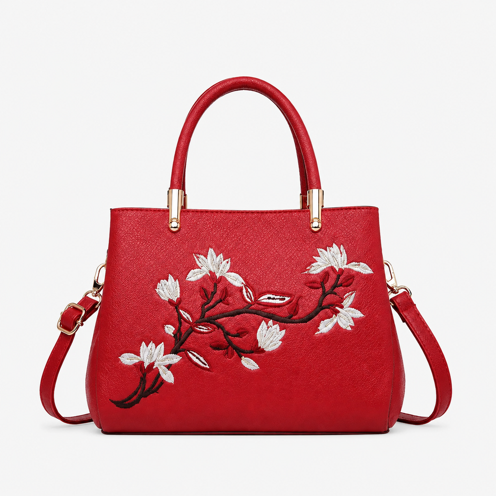 Bag Stige Red Floral Embroidered Structured Satchel Handbag