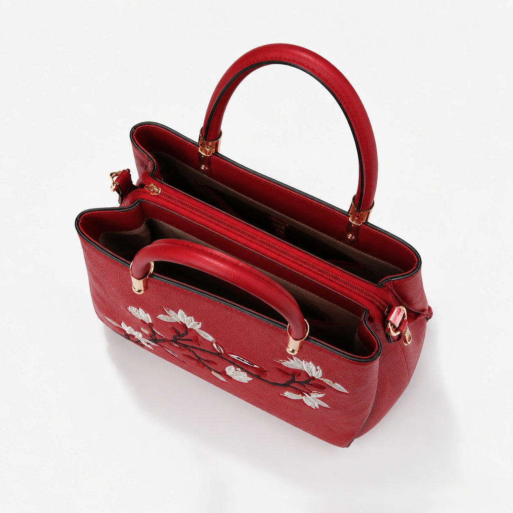 Bag Stige Red Floral Embroidered Structured Satchel Handbag