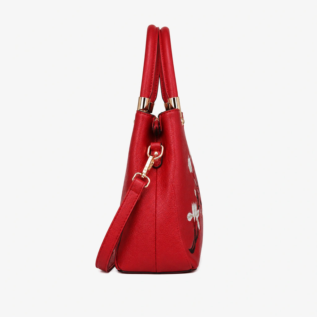Bag Stige Red Floral Embroidered Structured Satchel Handbag